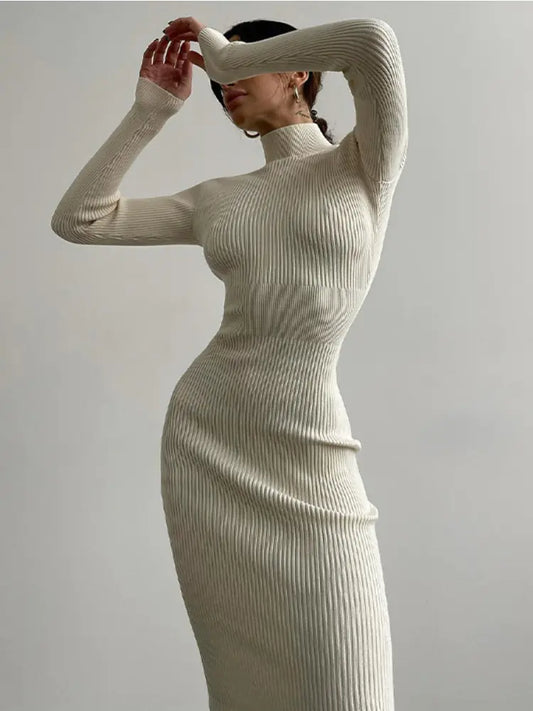 High-Neck Knitted Midi Dress